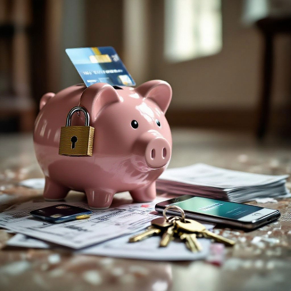 piggy bank, credit card, keys, phone, bills