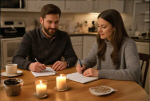 couple taking notes at kitchen table with candles