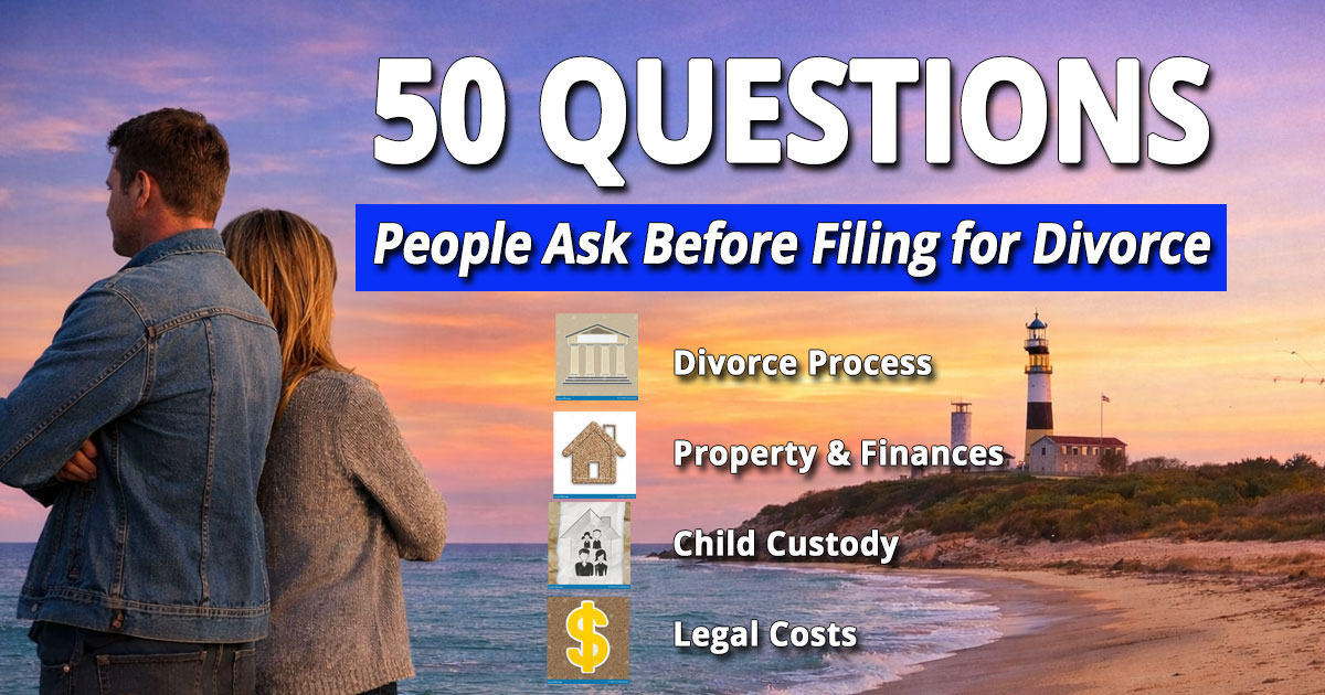 couple on long island beach with 50 questions people ask before filing for divorce text overlay