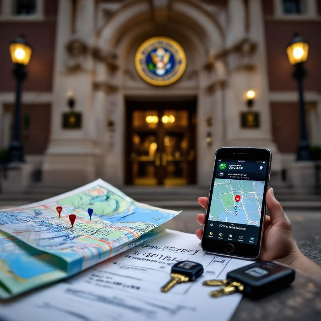 Courthouse, paper and digital maps, car keys