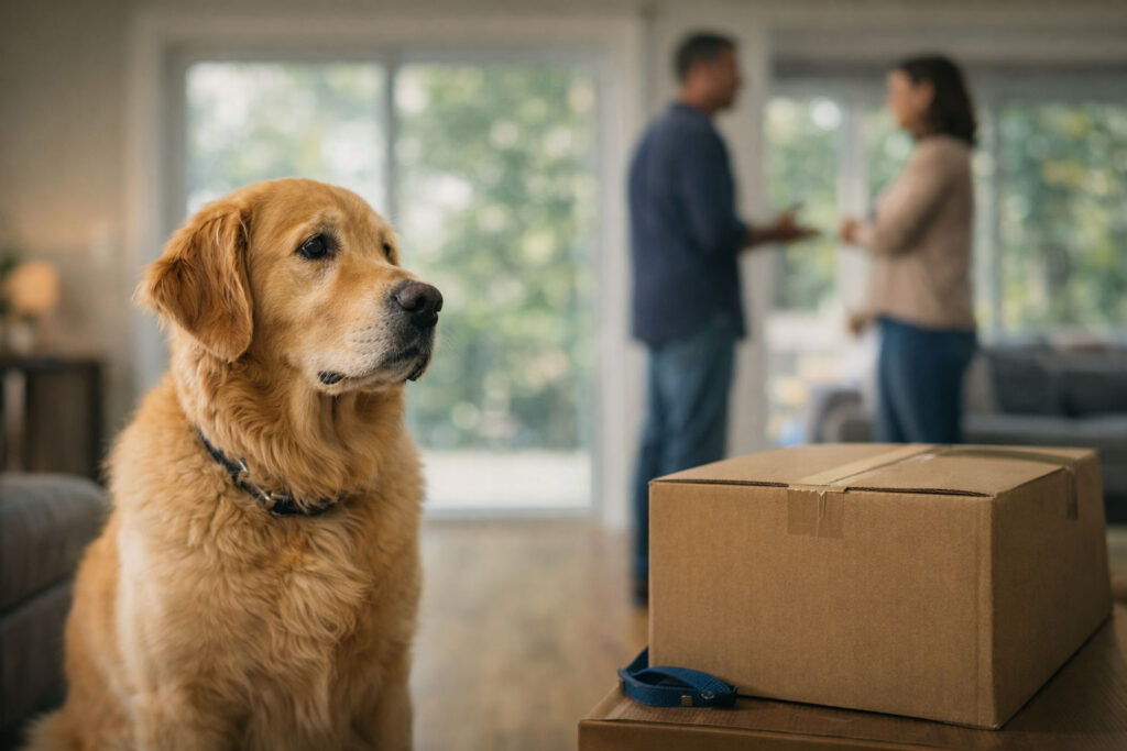 Golden retriever sitting beside a moving box while a couple discusses separation in the background, representing pet custody concerns in divorce
