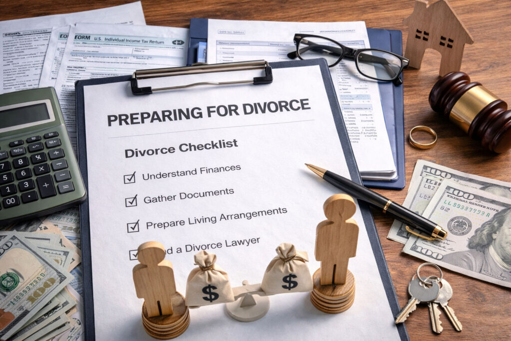 Preparing for divorce checklist on desk with money,  keys, calculator, gavel, forms