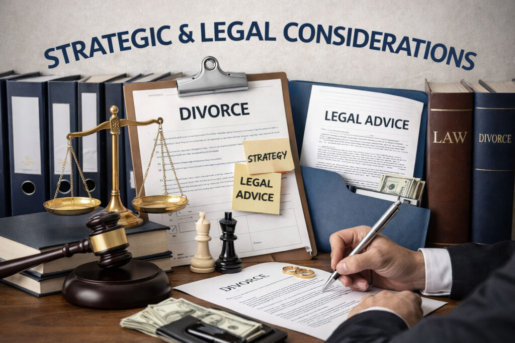 law books, divorce agreement, gavel, scales with Strategic and Legal Considerations overlay