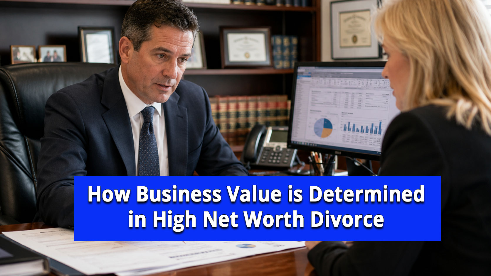 Business valuation expert reviewing financial records and company valuation reports during a Long Island high-net-worth divorce involving a closely held business