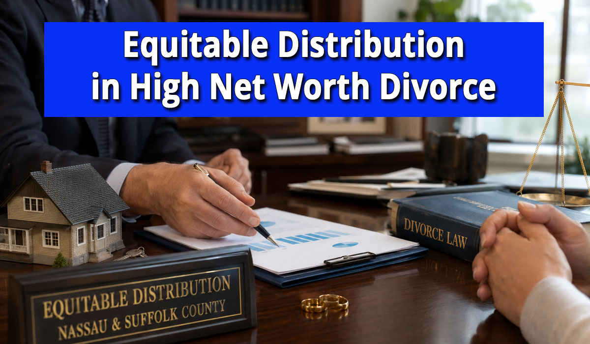 Equitable-Distribution-0626 Attorney meeting with a divorce client to review financial documents, real estate assets, and property division issues during an equitable distribution consultation.