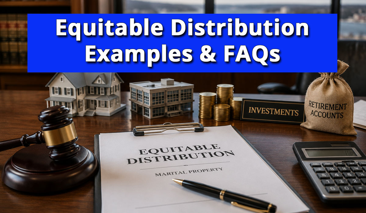 Equitable-Distribution-Examples-&-FAQs Attorney and divorce client meeting to review property division issues during an equitable distribution consultation.