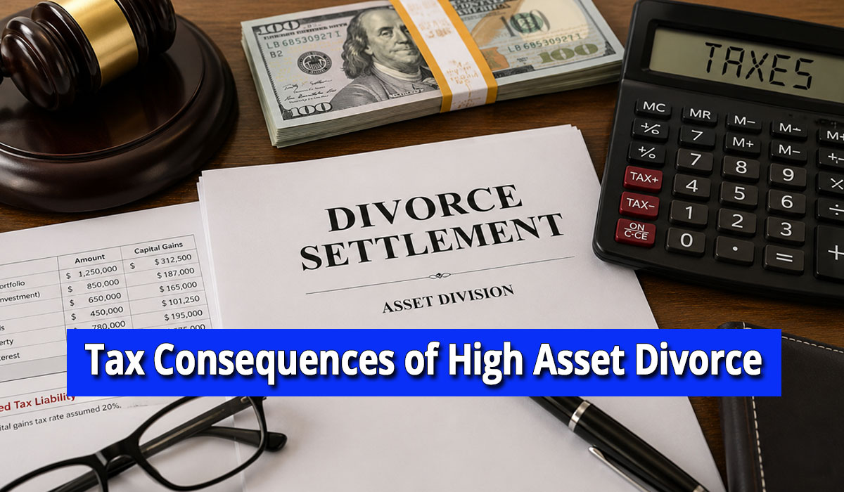 High Asset Divorce Settlement papers, money, gavel, taxes
