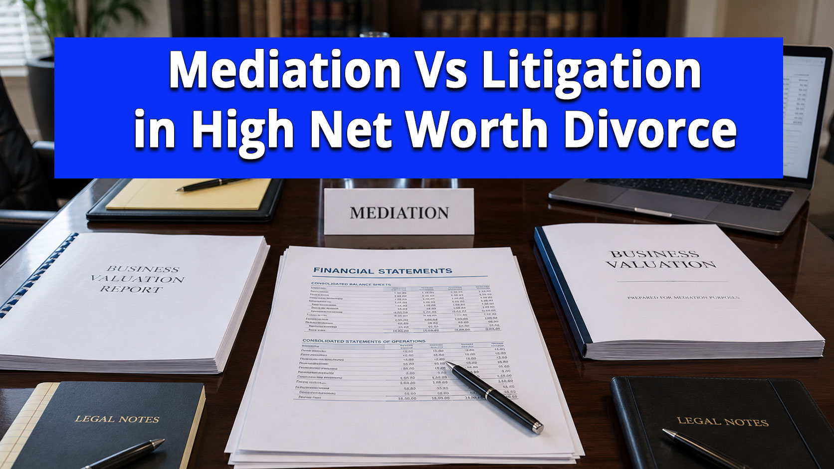 mediation-vs-litigation-high-net-worth-divorce-long-island Professional divorce mediation meeting with financial statements, business valuation reports, and legal documents displayed on a conference table during a high-net-worth divorce settlement discussion.