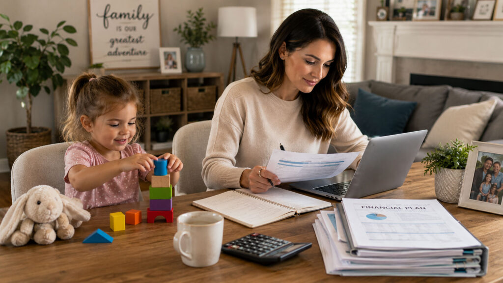 mother reviewing prenuptial agreement at desk with child next to her.