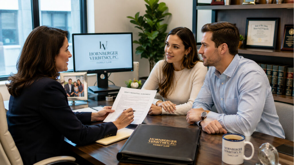 couple reviewing prenuptial agreement with family law attorney